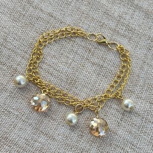 14k Gold Plated Chain Bracelet with Pearls and Crystals